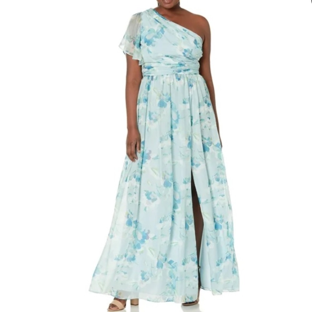 Adrianna Papell Mint Blue Floral One-Shoulder Gown